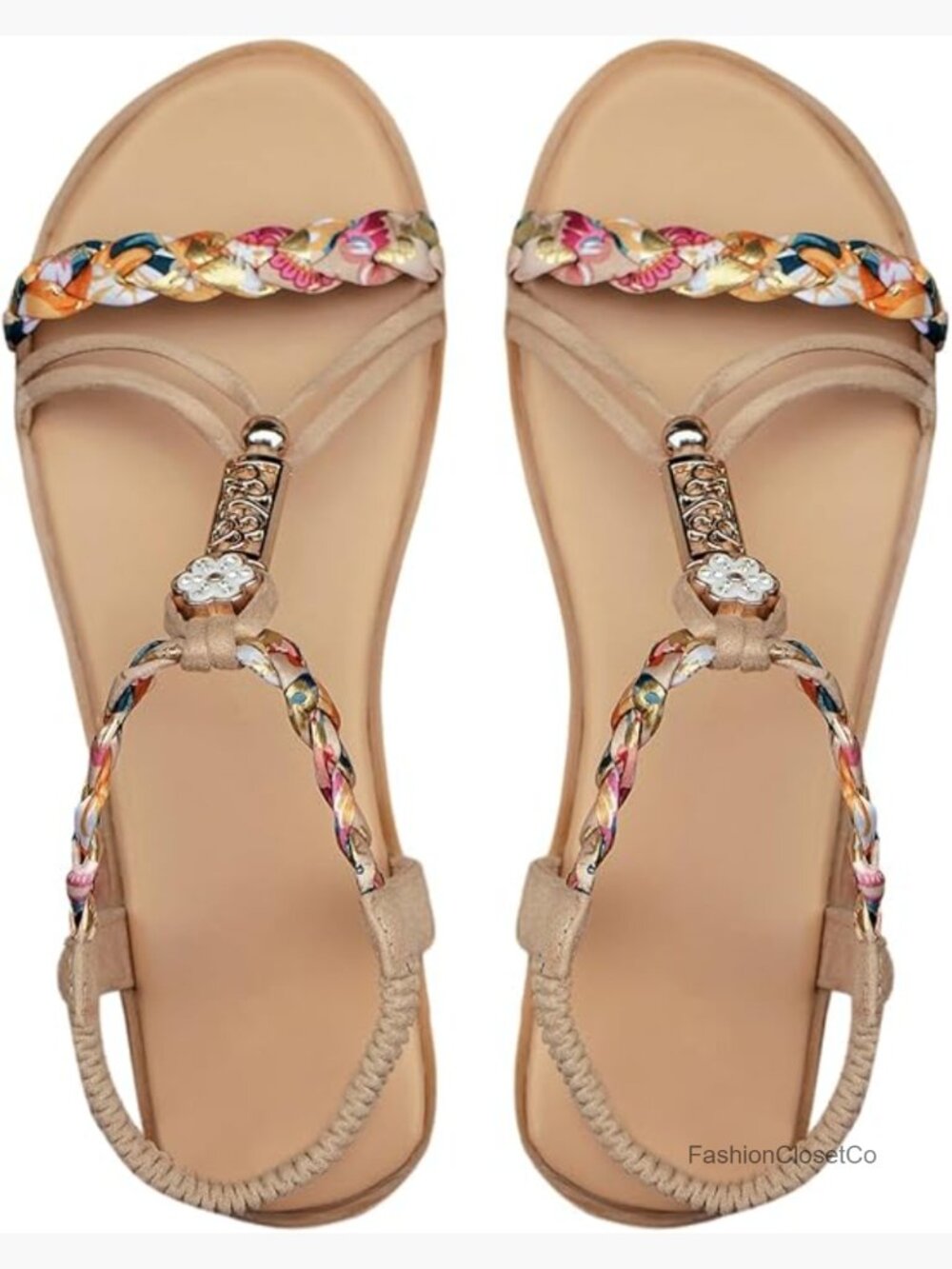 Flower Braided Flat Sandals Elastic Ankle Strap Vacation Sandals